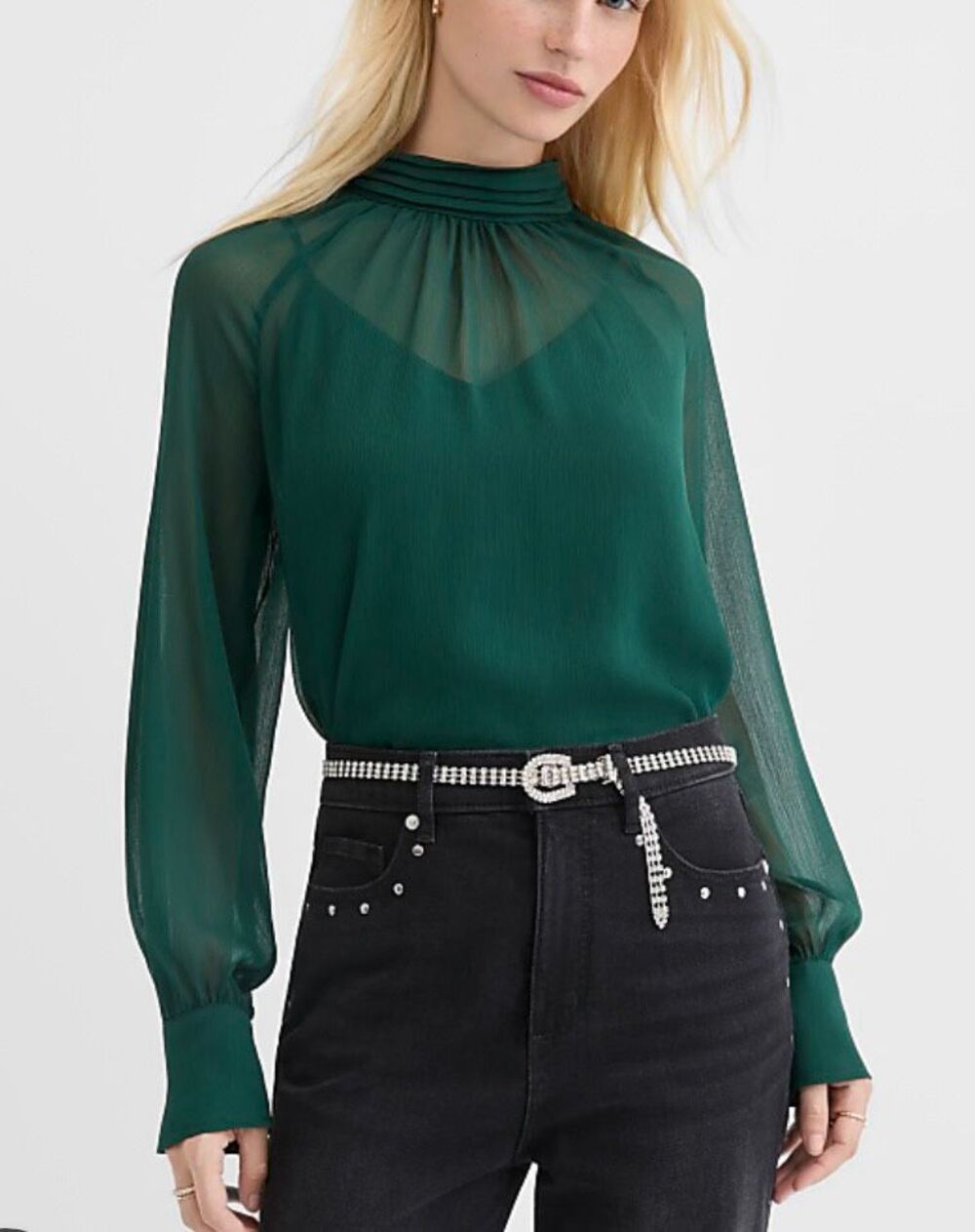 Loft green sheer chiffon pleat high neck blouse xs